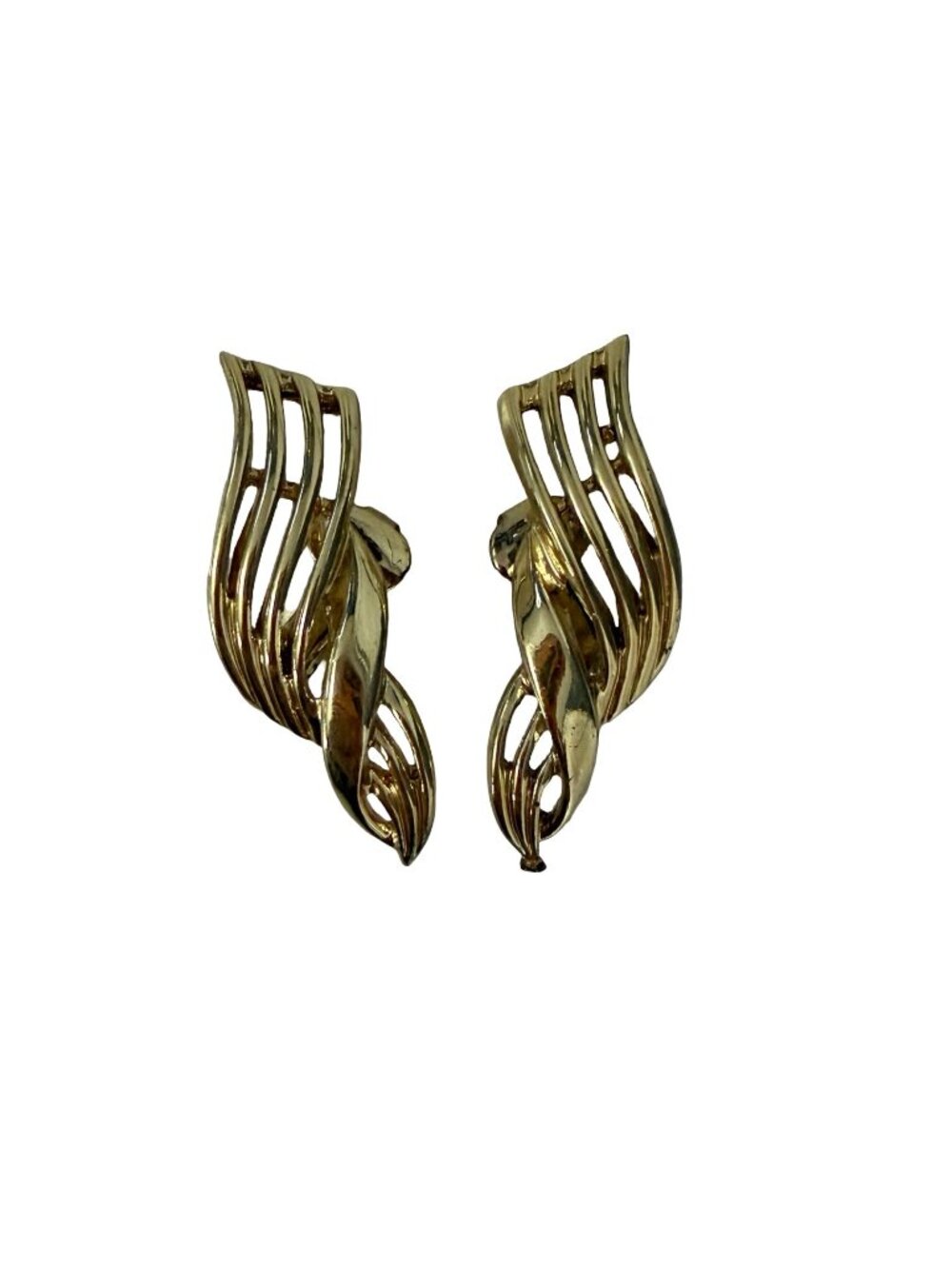 Coro Gold Tone Modernist Clip-On Earrings Mid Century Abstract Leaf Design